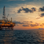 Plataforma de petróleo offshore conectada por redes digitais e comunicação via satélite
