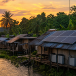Sistema de geração de energia solar em comunidade isolada na Amazônia, sem textos, letras, números ou placas legíveis.