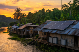 Sistema de geração de energia solar em comunidade isolada na Amazônia, sem textos, letras, números ou placas legíveis.