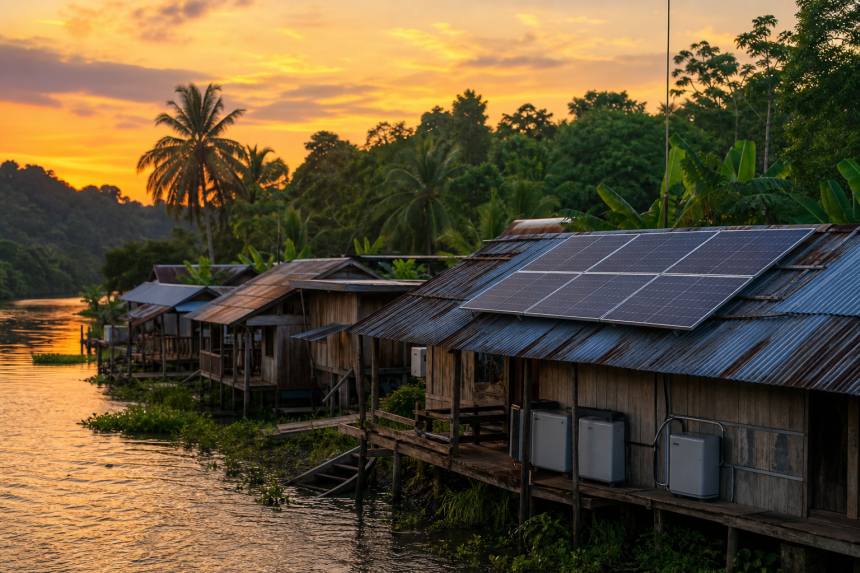 Sistema de geração de energia solar em comunidade isolada na Amazônia, sem textos, letras, números ou placas legíveis.